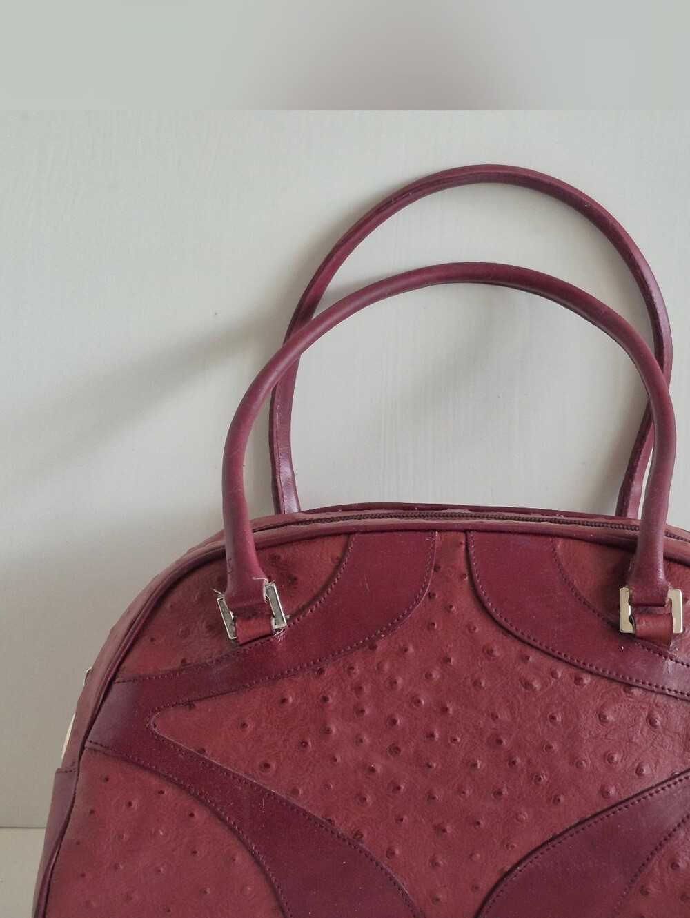 Gianni Chiarini Vintage Crimsom Red Ostrich & Leather Medium Dome Satchel